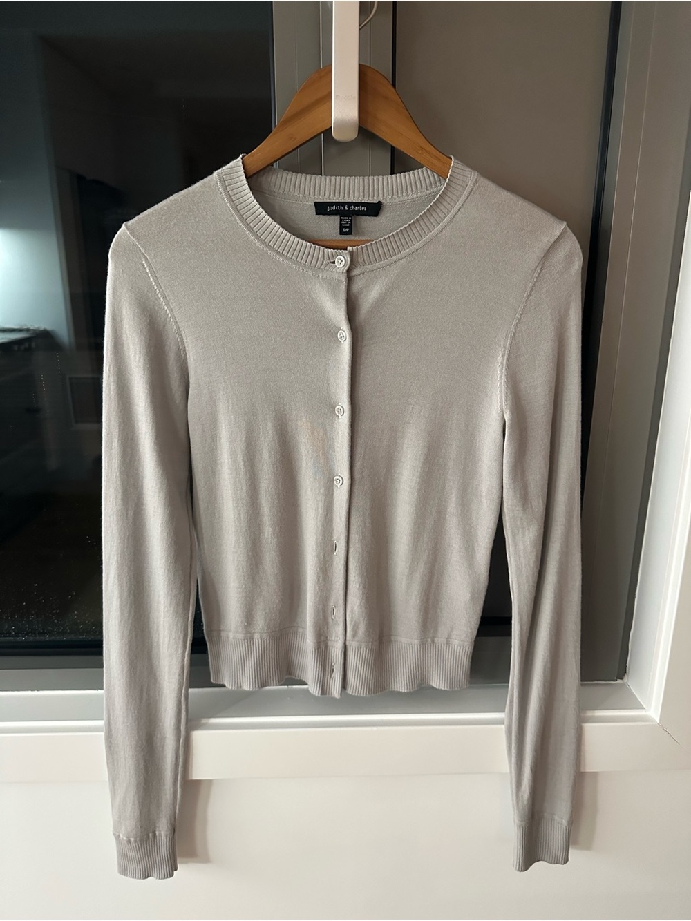 Petite Crewneck Button-Front Cardigan in Light Gray
